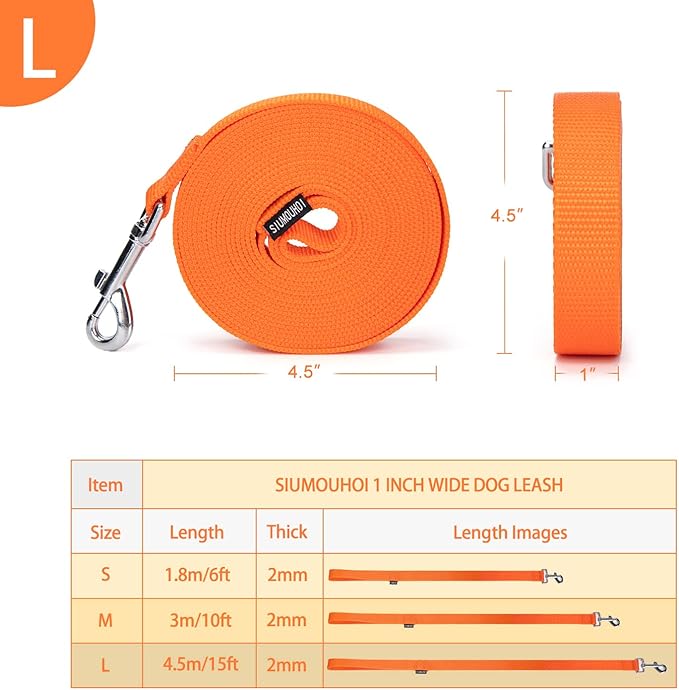 Strong Durable 15ft Nylon Dog Training Leash, 1 Inch Wide Traction Rope, for Small and Medium Dog (Orange, 15 Feet)