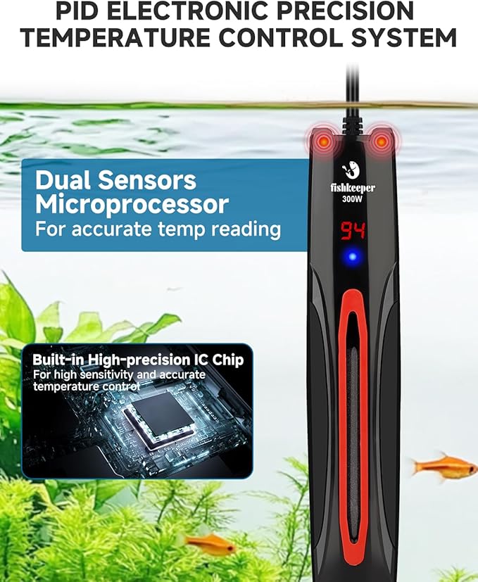 fishkeeper 300W/500W/800W Submersible Aquarium Heater for 40-220 Gal (Run-Dry/Overheat/Low-Temp Protection)(Precision Electronic Smart Thermostat)(Adjustable Temperature) Ultra-Safe Fish Tank Heater