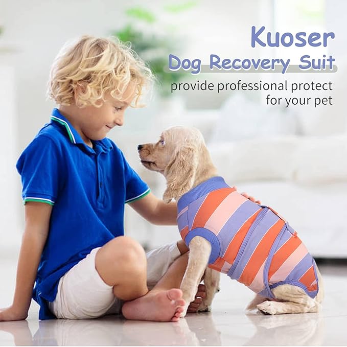 Kuoser Dog Surgery Recovery Suit for Female Male Dogs, Stripes Spay Neuter Anti-Licking Dog Onesie, Abdominal Wounds Surgical Suit Snugly Pet Collar Alternative Post Surgery Vest Bodysuit, Orange L
