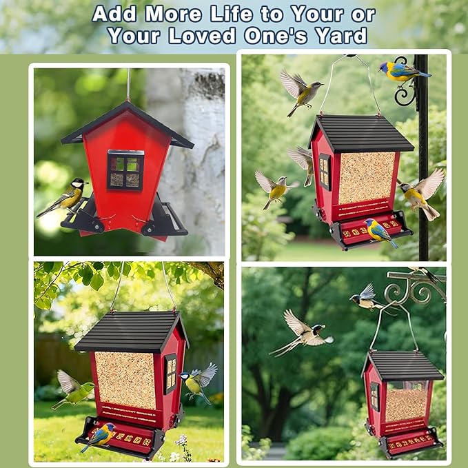 LSCQYYCCSquirrel Proof Bird Feeders for Outdoors Hanging, 5LB Capacity Metal Wild Birdfeeders Outside Hanging,Large Feeder That Attracts Cardinals, Chickadees, and More Birds-One in red ﻿