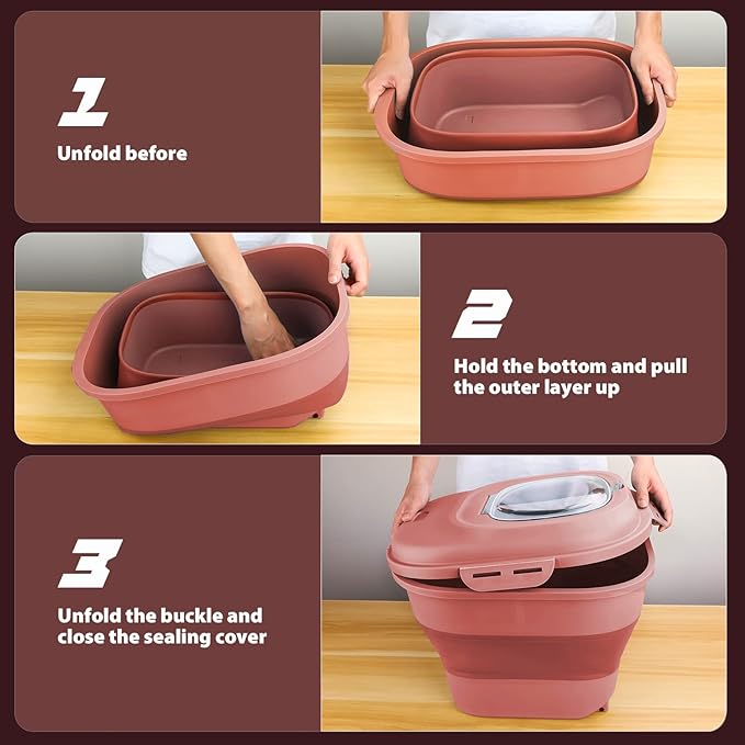 Cereal Rice Storage Containers, 20 to 50Lbs Collapsible Dry Food Dispenser Bins with Airtight Flip Lid Rolling Wheel, Kitchen Pantry to Store Sugar Flour, Dog Pet Cat Food Holder Container