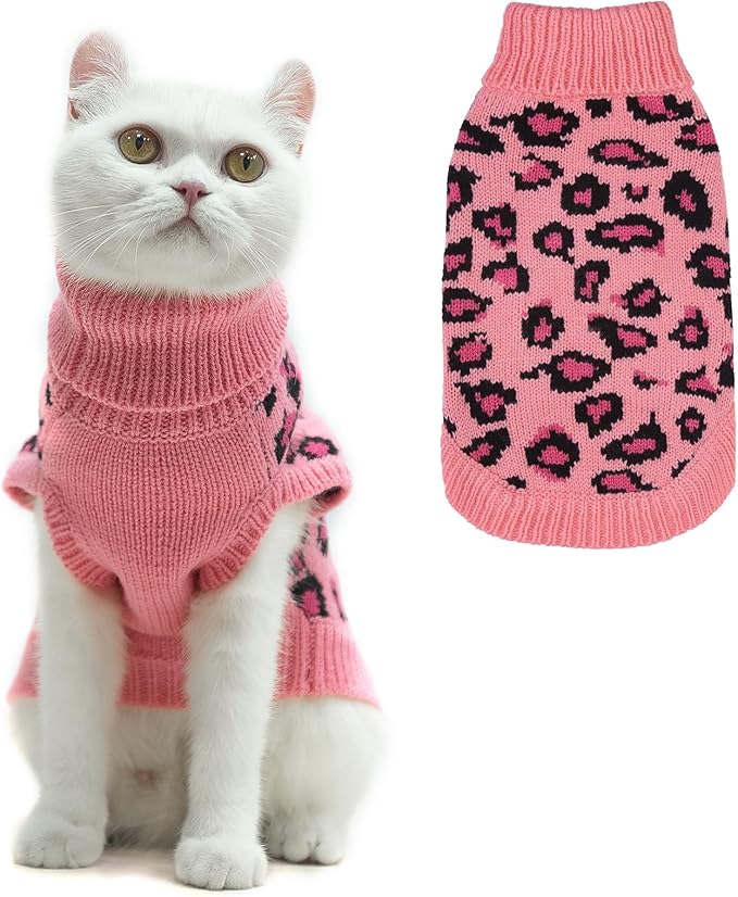 Mihachi Winter Warm Cat Sweater Turtleneck Puppy Pets Sweater Knit Vest Fashion Leopard for Cats Puppy Small Animals Pink Small