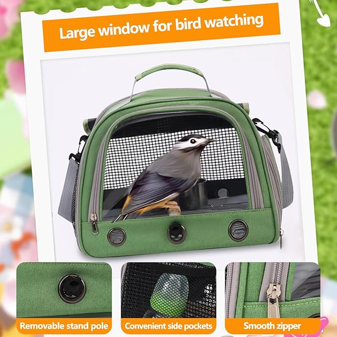 Bird Backpack,with Feeder Cups Tray Perch Portable Breathable Bird Carrier,for Small Birds Parrots Cockatiels (Green)
