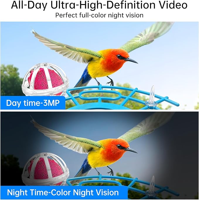 Smart Bird Feeder with Camera Solar Panel, Battery Powered 3MP HD Video Monitoring AI Recognition of 10,000+ Species Color Night Vision,Outdoor Waterproof,for Bird Watching