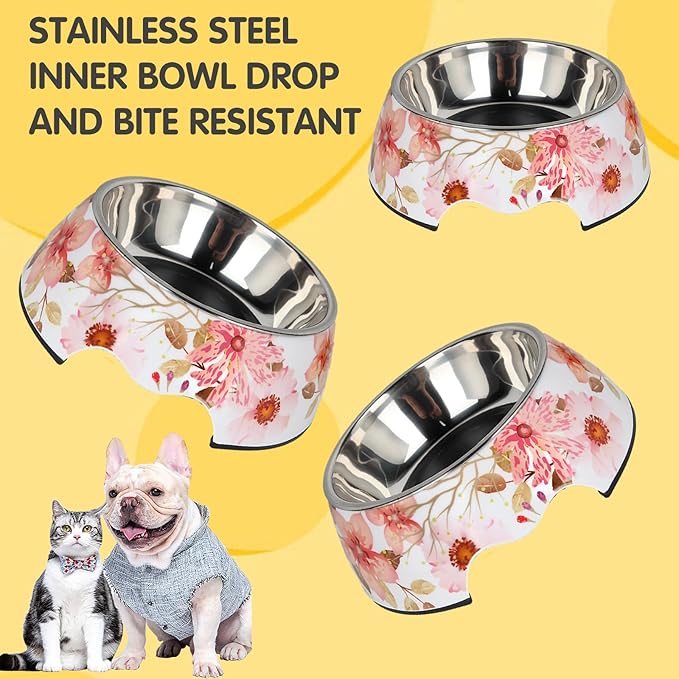 Pet Cats Dogs 2 in 1 Food Water Bowls - Non Slip Skid Proof Heavy Duty Pet Cats Dog Food Water Bowls for Feeding Drinking Small Medium Large Dogs Cats Puppies (Pink Flower, M:14 OZ)