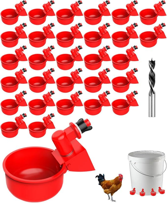 Professional Chicken Waterer Cups, 30 Packs Large Automatic Poultry Water Feeder with Tee Fittings - Leakproof Design for Ducks, Chickens, Geese, Turkeys, Birds - Includes Mounting Hole Opener Tool