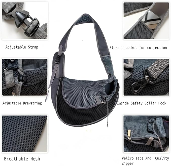 Pet Dog Sling Carrier, Hand Free Drawstring Dog Papoose with Adjustable Strap, Breathable Mesh Bag for Puppy Cat, Crossbody Satchel Dog Purse with Pocket for Outdoor L(up to 8 lbs)
