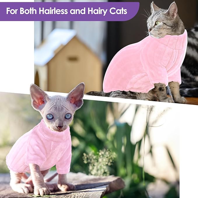 SUNFURA Sweaters for Cats, Hairless Sphynx Sweater Kitten Pullover with Sleeves, Warm and Soft Cat Pajamas Fleece Sweatshirt Jumpsuit, Turtleneck Clothes for Fall Winter, Pink L