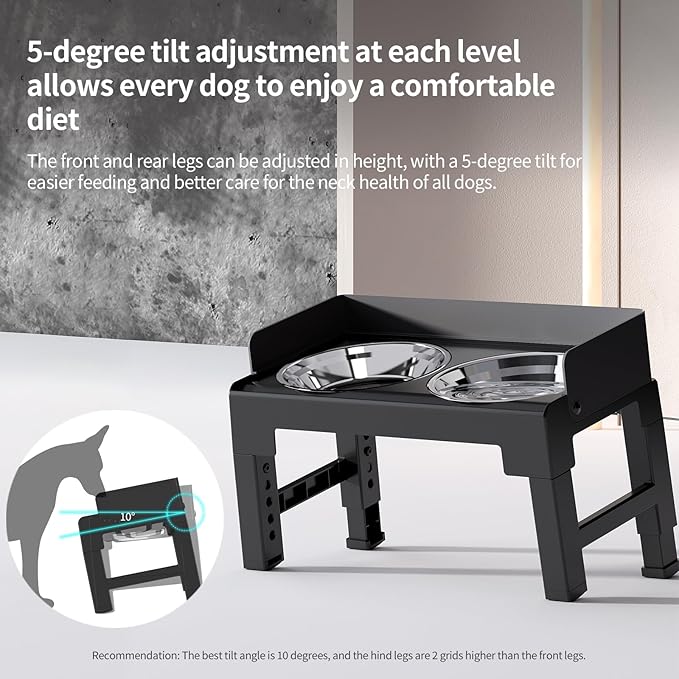 PAKEWAY Elevated Dog Bowls, Spill Proof, Tiltable Dog Feeder with 2 Stainless Steel Bowls, 6 Height Adjustable Raised Bowl