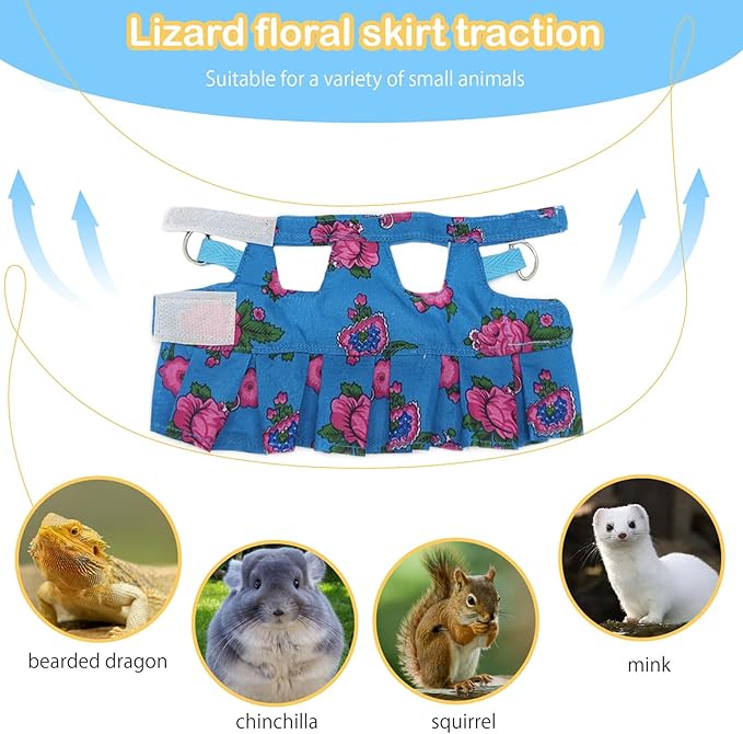 Lizard Harness Dress and Leash, Adjustable Hamster Ferret Harness and Leash Set, No-Pull Walking Vest for Lizard Small Animal Gecko Chameleon (Blue M)