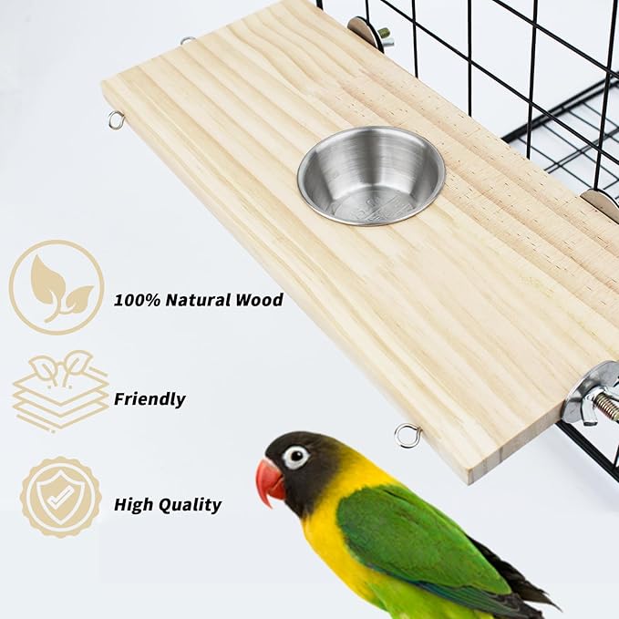 FlidRunest 2 Pack Bird Perch Bird Feeding Cup Parrot Wood Perch Stand Toy Bird Cage Accessory for Parakeet Lovebird Conure Budgie Canary Finch Small Parrots 11.8x5.1 Inches