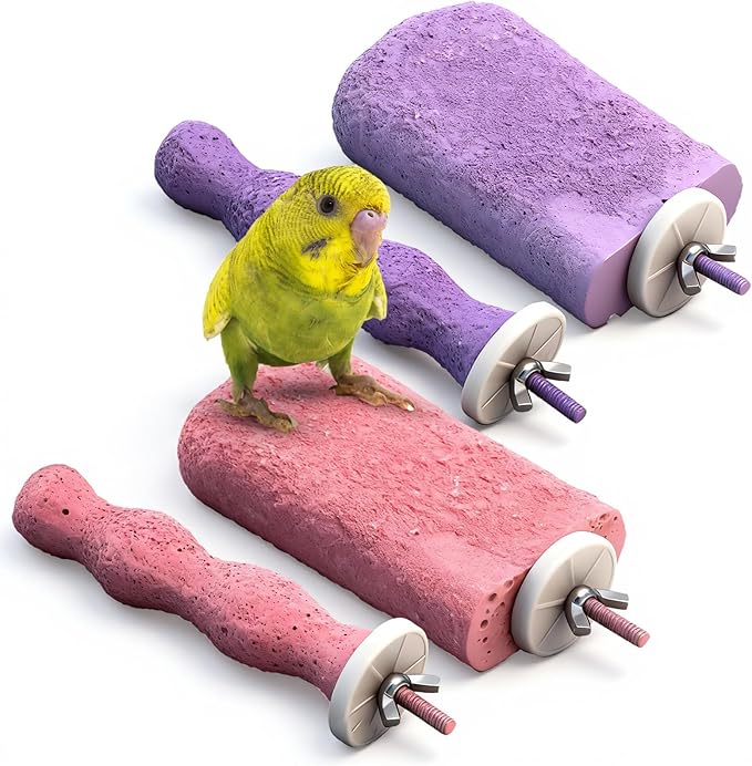 Soulchen 4 Pcs Bird Beak Grinding Calcium Stone Perches Parrot Teeth Mouth Molar Cage Accessories Platform Paw Grinding Sticks Jumping Stand for Macaws Parakeets Finches Cockatiel (Purple,Pink)