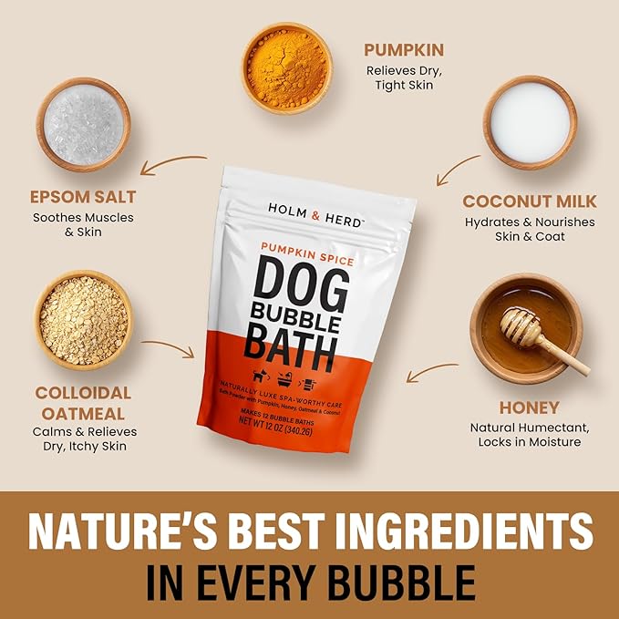Dog Bubble Bath Shampoo Alternative – Pumpkin Spice Fall Scent, Oatmeal & Honey Natural Pet Spa Soak, Gentle Puppy Wash, Halloween Dog Gift - 12 Baths (Pumpkin Spice)
