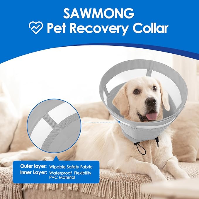SAWMONG Soft Dog Cone for Medium Dogs, Adjustable Pet Recovery Collar to Stop Licking, Comfy Elizabeth E-Collar for Dogs After Surgery Alternative (M,Grey)