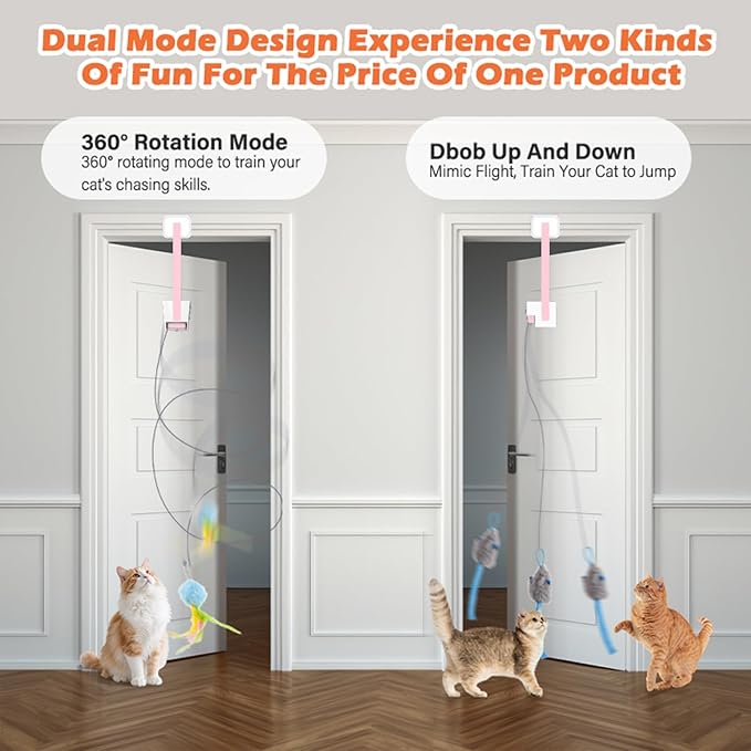 Rechargeable Electric Cat Teaser with Remote – Interactive Door Clip Toy for Cats, 2 Motion Modes (360° Spin & Irregular Jumping), Smart Auto Cat Toy for Exercise & Fun (Pink)