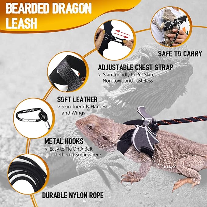 WATFOON Adjustable Lizard Leather Leash Harness and Bearded Dragon Carrier Sling, Reptile Small Pet Training Leashes and Beardie Snuggle Sling Bag for Outdoor Travel (XL Black)