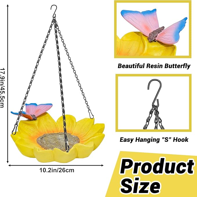 Sunflower Bird Bath for Outside, MeyRolizn Hanging Resin Birdbath with Butterfly Ornament, Garden Ground Bird Feeder Bath Bowl for Outdoor Yard Decor Ywllow(Sunflower)