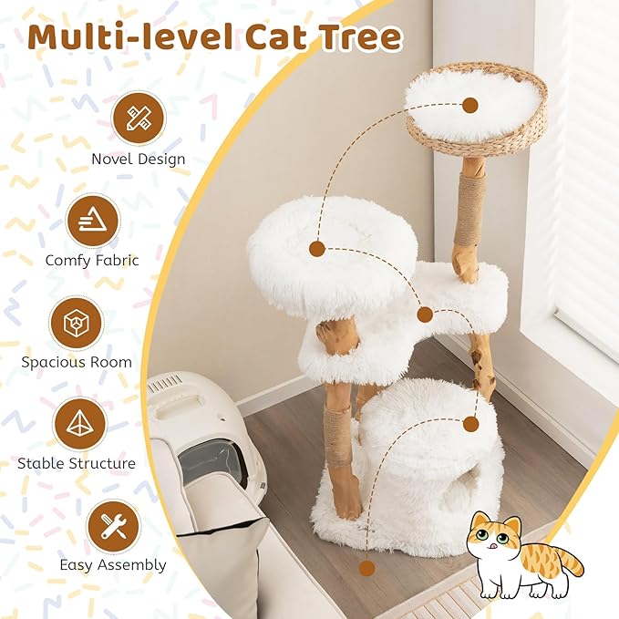 Tangkula Cat Tree Tower, Solid Wood Modern Cat Tower with Top Cattail Basket Bed, Side Perch, Large Platform & Condo, Cute Cat Tree with Scratching Posts for Indoor Cats Large Adult