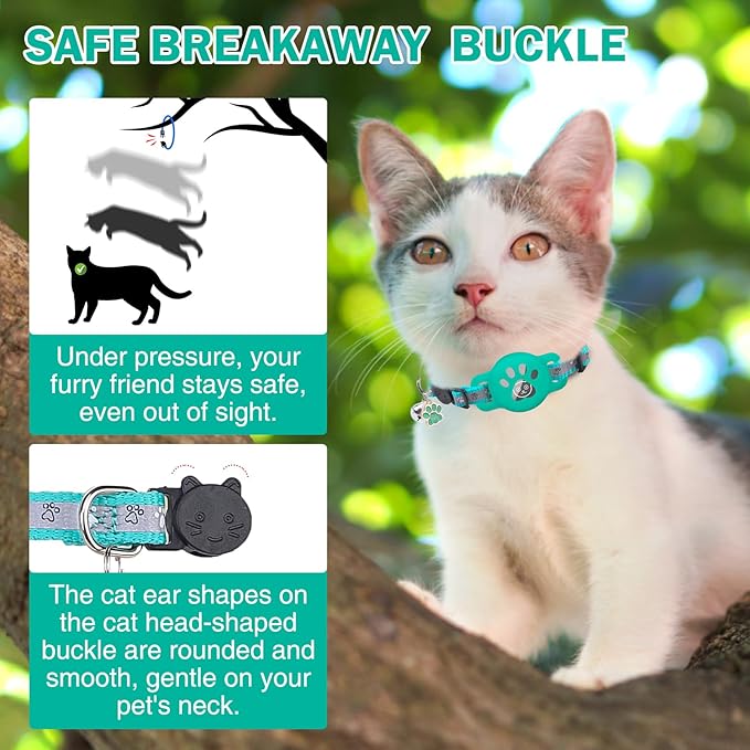 Airtag Cat Collar Breakaway, Reflective Kitten Collar with Bell and Apple Air Tag Holder, GPS Cute Cat Collar, Glow in The Dark Pet Collars for Boy Girl Cats, Kittens, Puppies, Aqua