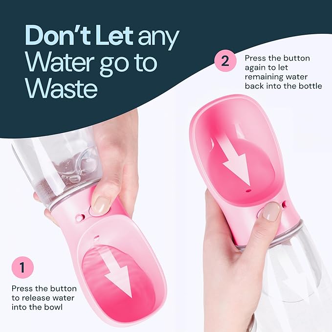 MalsiPree Leak-Proof Portable Dog Water Bottle for Travel - 19 oz, with Pink Bowl - Food Grade Plastic - Dog Bowls - Puppy Essentials - Pet Water Bottle