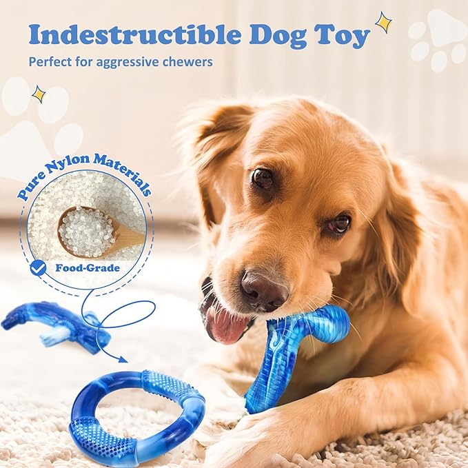 3Pack Dog Toys for Aggressive Chewers Dog Chew Toy Tough Dog Toys to Keep Them Busy Bacon Flavor Teething Chew Toys & Dental Health for Large Medium Small Breeds (Blue)