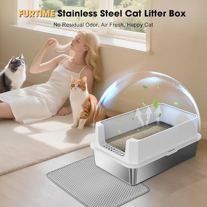 FURTIME Stainless Steel Litter Box with Lid, Large Metal Cat Litter Box for Big Cat, Large Cat Box High Sided with Non-Stick, Odor-Resistant, Anti-Urine Leakage, Easy Cleaning, Includes Scoop and Mat