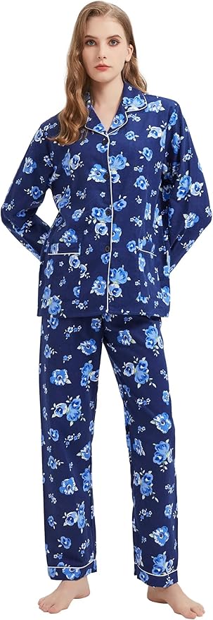 GLOBAL Flannel Pajamas for Women 2-Piece Comfy and Cozy Flannel Pj Set Cotton Loungwear