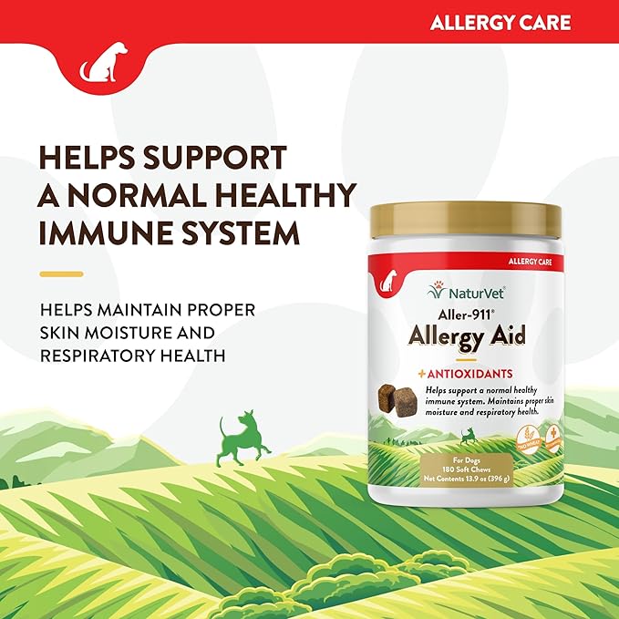 NaturVet Aller-911 Advanced Allergy Aid for Dogs, Cats – Antioxidant-Rich Pet Supplement with Omegas, DHA, EPA – Helps Support Dog Immune System, Cat Respiratory Health, Skin Moisture 180 Soft Chews