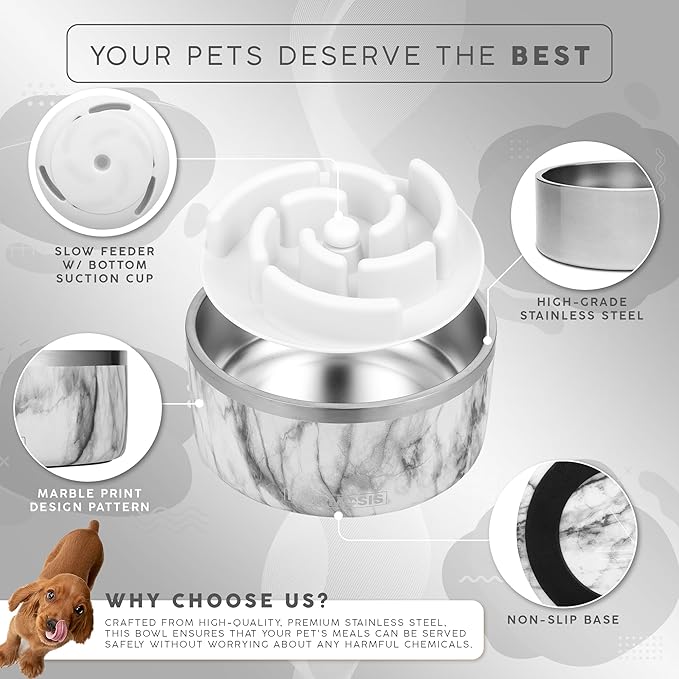 64 OZ Dog Bowl with Slow Feeder Insert Stainless Steel Pet Water Bowl for Medium & Large Breed Non Slip Rubber Base & Plastic Puzzle Feeder - White Marble
