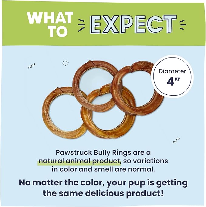 Pawstruck All-Natural 4" Bully Stick Rings for Dogs - Rawhide-Free, 100% Beef, Single Ingredient Dental Chew Bones - Fully Digestible, Low Odor - Bulk 25 Pack - Packaging May Vary