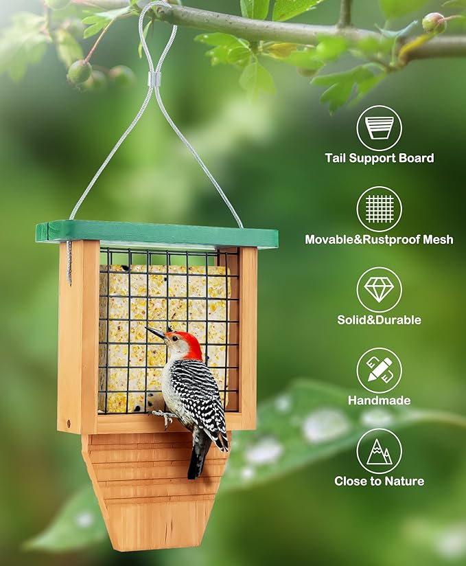Wooden Suet Bird Feeder for Outside Hanging, Woodpecker Suet Feeder with Tail Prop, Hanging Bird Feeder for Wild Birds, 1 Pack, Green
