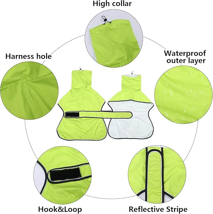Dog Raincoat with Reflective Bar, Rain/Water Resistant, Adjustable Vest - Dog Raincoats for Greyhounds, Lurchers and Whippets - Light Green - XXL
