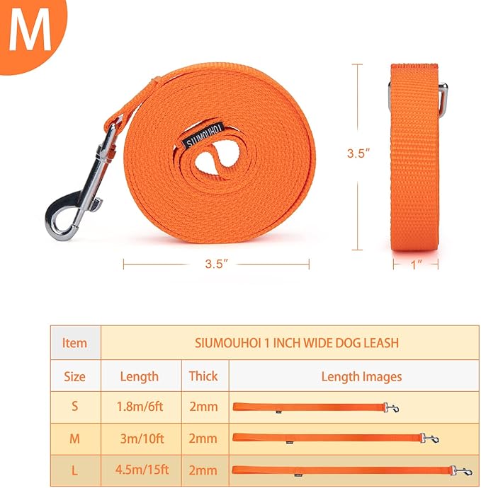 Strong Durable Nylon Dog Training Leash, 1 Inch Wide Traction Rope, 6 ft 10ft 15ft Long, for Small and Medium Dog (Orange, 10 Feet)