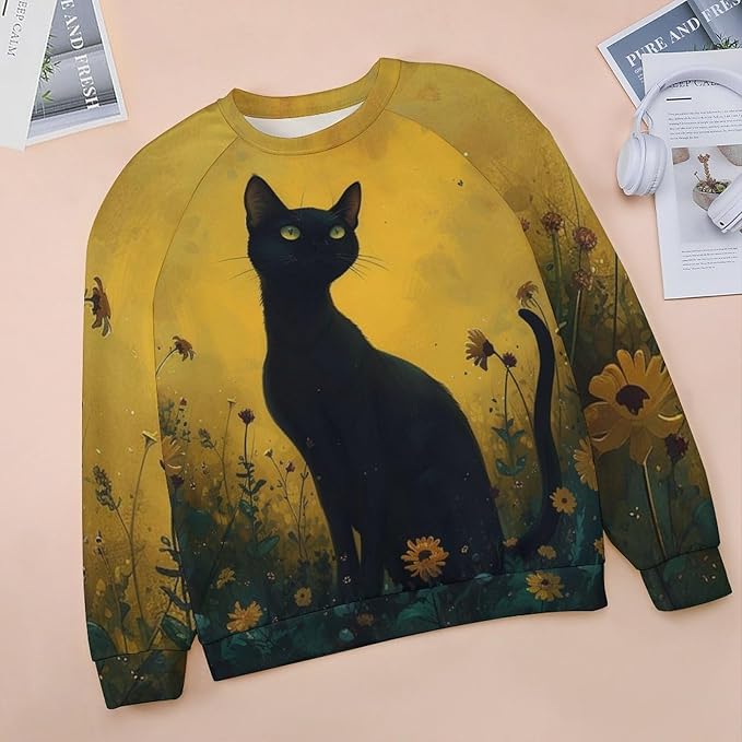 Long Sleeve Shirts for Women Cat Oil Painting Shirt 3D Graphic Sweatshirts Fall Pullover Crewneck Vintage Boho Tops