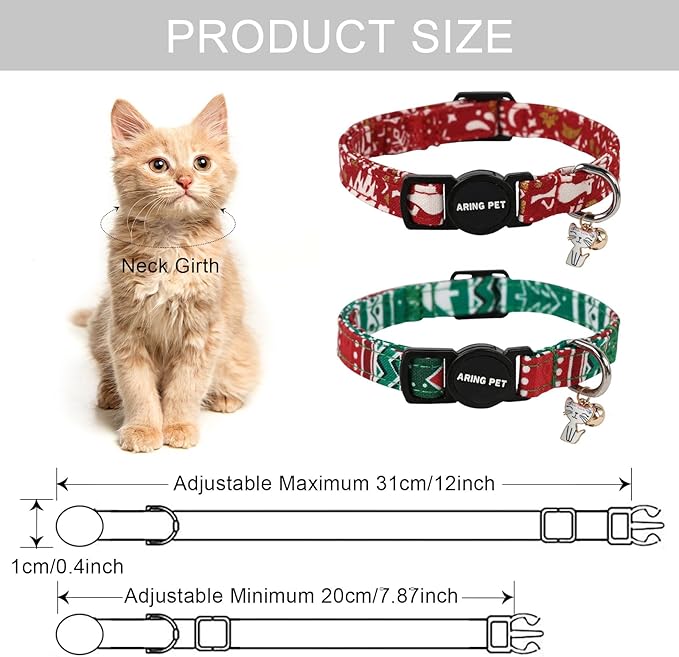 ARING PET 2 Pack Christmas Cat Collars-Cute Cat Collar Breakaway with Bell&Pendant, Adjustable Red Green Kitten Collars with Safety Buckle for Girl and Boy Cats