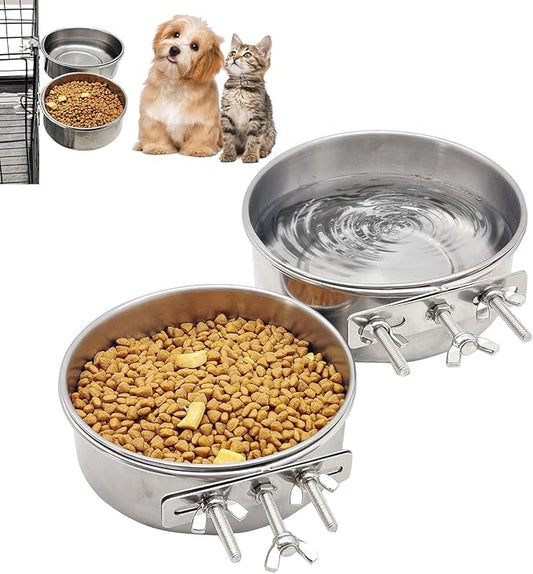 Hamiledyi 2 Pcs Dog Crate Bowl Stainless Steel Puppy Bowls Durable Spill-Proof Pet Water Bowl Hanging Water/Food Metal Bowls for Puppy Medium-Sized Dogs Cats (5.51'' x 2.2'')