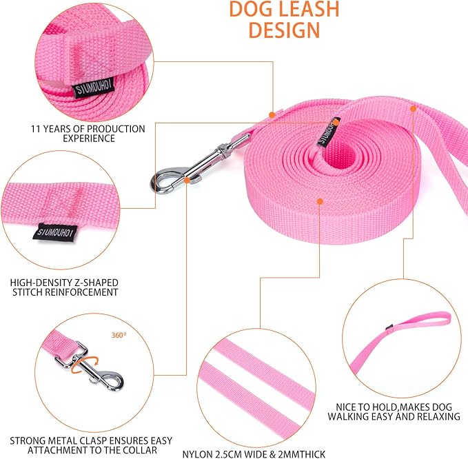 Strong Durable 15ft Nylon Dog Training Leash, 1 Inch Wide Traction Rope, for Small and Medium Dog (Pink, 15 Feet)