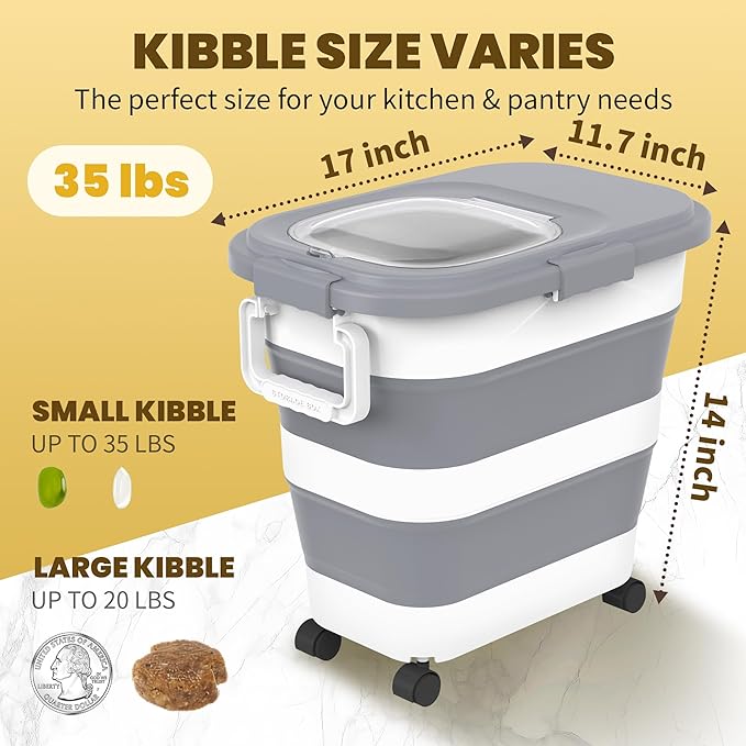 HOYTAMDA 25-35Lbs Rice Container,Collapsible Airtight Food Storage Containers with Wheels,Handle,Rice Storage Container with Small Bin and Scoop,Rice Dispenser for Flour Sugar Cereal Grain Dog Cat