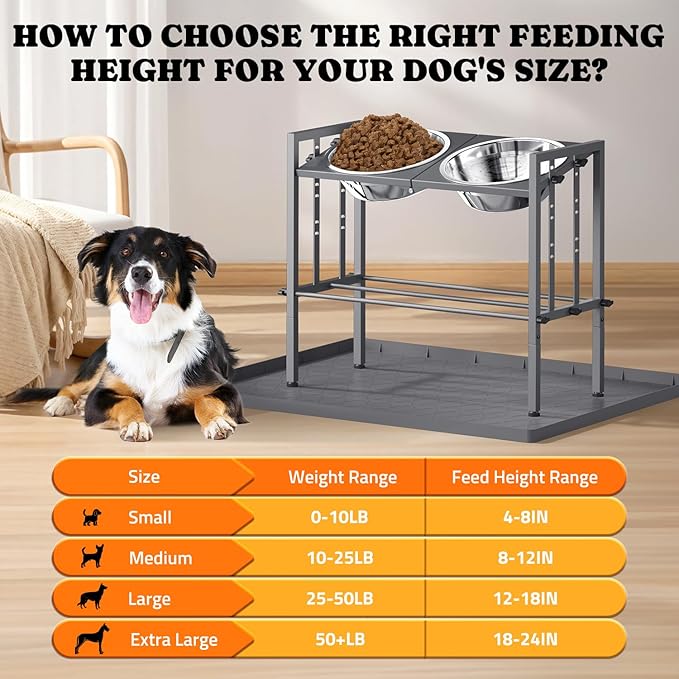 Elevated Dog Bowls - Metal Raised Dog Bowls for Large Breed with 3 Adjustable Heights, Perfect Sturdy Bowl Stands for Extra Large Sized Dogs, Grey with Feeding Mat