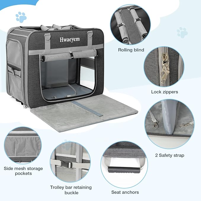 Extra Large Cat Carrier for 2 Cats with Wheels, 24" X 15" X 17" Dual-Compartment Cat Car Travel Carrier, Breathable Rolling Dog Carriers for Small Dogs with Zipper Locks, Light Gray