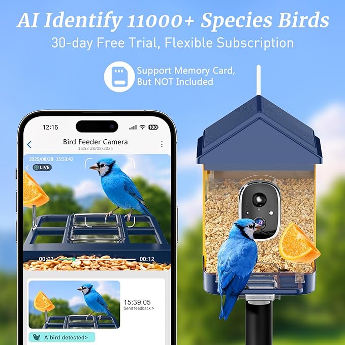 Smart Bird Feeder with Camera & AI Identification, 2K HD Live View, Solar Powered, Instant Arrival Alerts, IP65 Waterproof for 10,000+ Bird Species