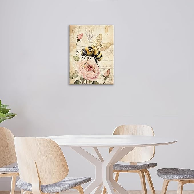 Rustic Bee Bathroom Pictures Wall Art, Vintage Floral Bathroom Wall Decor, Pink Rose Flower Framed Painting Canvas Artwork for Bedroom Living Room Decorations 20"L x 16"W