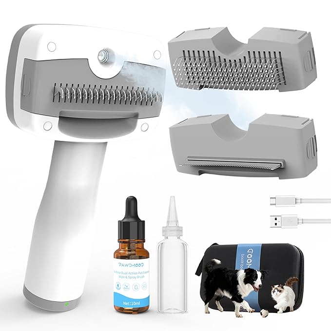 5-in-1 Pet Steam Brush for Dogs & Cats,Self-Cleaning Steam Dog Brush with 3 Swap-in Heads (Grooming, Dematting, Deshedding),Cat Spray Hair Removal Comb,Includes Pet Essence & Storage Case