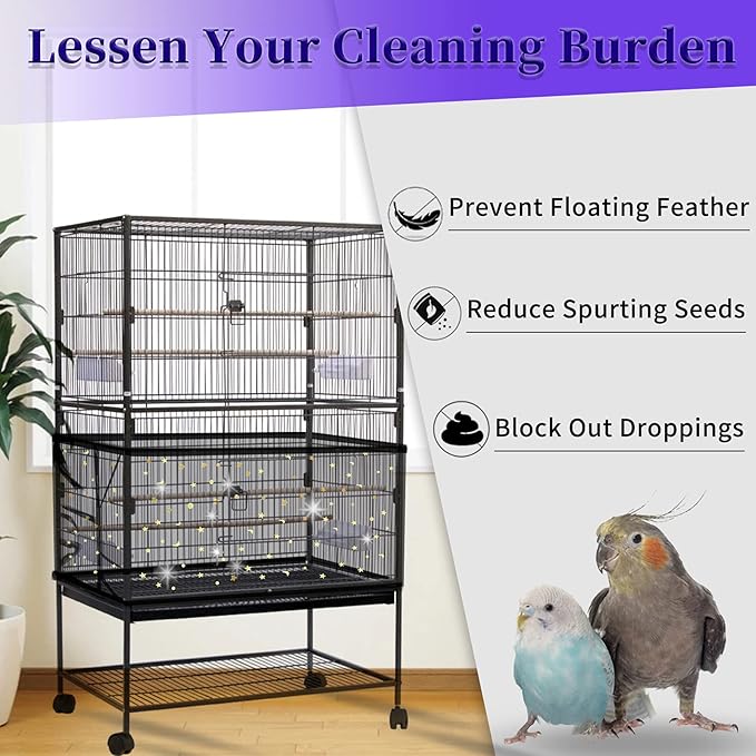 Daoeny Large Bird Cage Cover, Bird Cage Seed Catcher, Adjustable Soft Nylon Mesh Net with Twinkle Moon Star, Birdcage Cover Skirt Seed Guard for Parrot Parakeet Macaw Round Square Cages (Black)