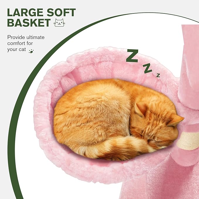MUTICOR 66 Inches Multi-Level Large Cat Tree Tower for Indoor Big Feline/Cozy Plush Perches/Condo/Sisal Scratching Posts/Hammock and Baskets/Activity Center Play House/Wide Base/Pink