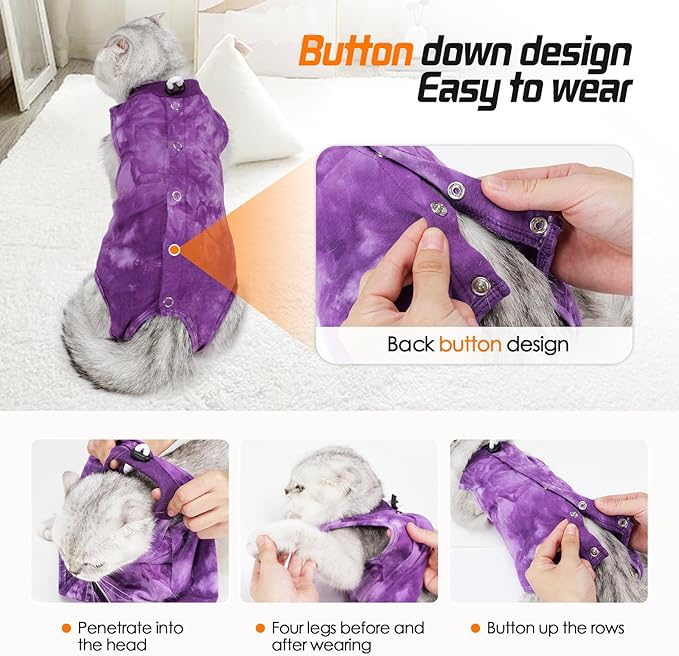 Cat Recovery Suit - Abdominal Wounds Cat Onesie, Cone E-Collar Alternative, Purple S