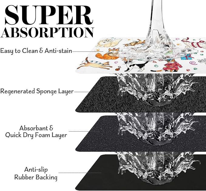 Absorbent Pet Supplies - Non-Slip Cat & Dog Food & Water Mat - Quick Dry