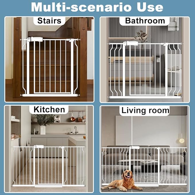 White Extra Wide Baby Gate 53-57.5 inch for Doorways Stairs Pressure Mount Baby Gate Automatic Close Child Dog Pet Safety Toddler Gates with Extensions