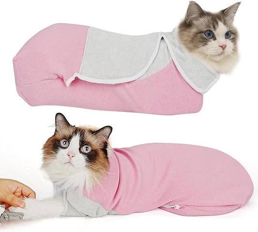 Self-Adhesive Cat Grooming Wrap, Cozy Cat Wrap for Cutting Nails, Breathable Anti-Scratch Cat Swaddle Bag for Brushing, Ear Cleaning, Dental Care, Medication, Injections,Pink L