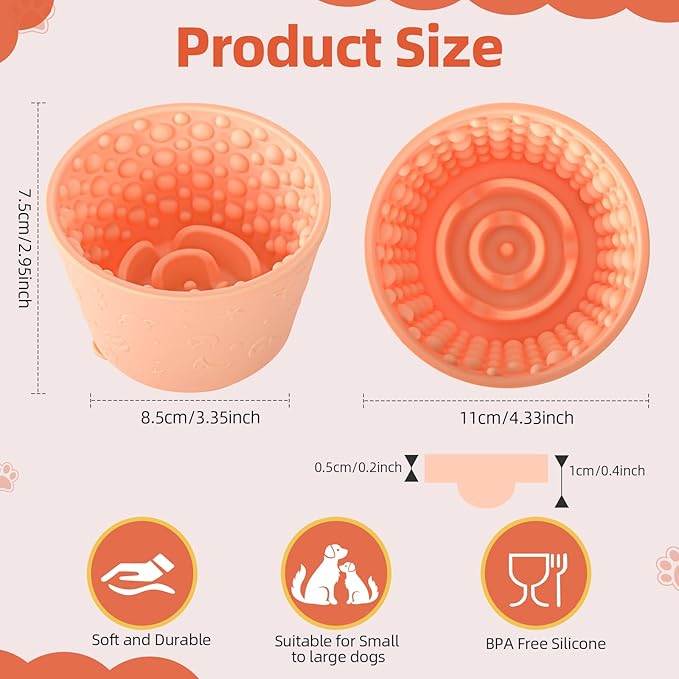 Dog Slow Feeder Lick Bowl, Non-Slip Dog Licking Treat Dispenser, Slow Feeder Bowls for Small Medium Large Breed Dogs, Anxiety Relief & Anti-Choking, BPA Free Silicone (Light Orange, 1.6 Cup)
